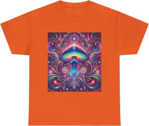 Psychedelic Cosmic Mushroom Tee - Unisex Heavy Cotton Shirt, Boho Style, Festival Wear, Unique Graphic T-Shirt, Eclectic Orange