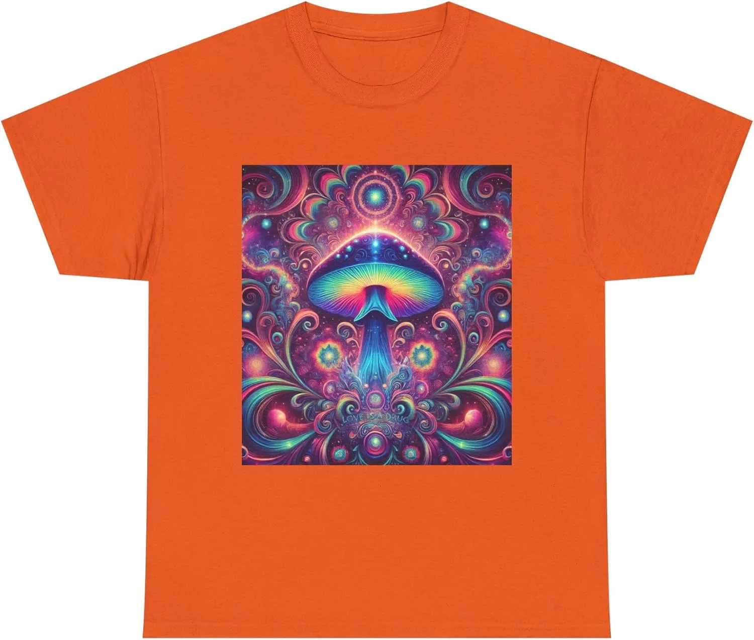 Psychedelic Cosmic Mushroom Tee - Unisex Heavy Cotton Shirt, Boho Style, Festival Wear, Unique Graphic T-Shirt, Eclectic Orange