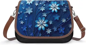 PU Leather Crossbody Bag,Blue Mini Flower Swirl Print Shoulder Bag,Flapover Crossbody Bag