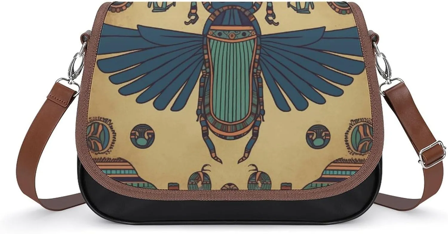 PU Leather Crossbody Bag,Egyptian Scarab Print Shoulder Bag,Flapover Crossbody Bag