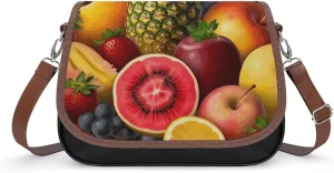 PU Leather Crossbody Bag,Fresh Juicy Fruits Print Shoulder Bag,Flapover Crossbody Bag