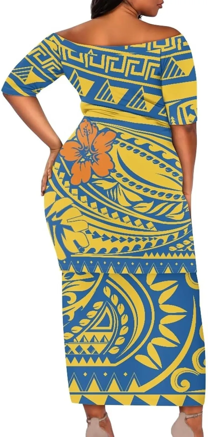 Puletasi Traditional Off Shoulder Dress Plus Size Tops and Skirt Sets