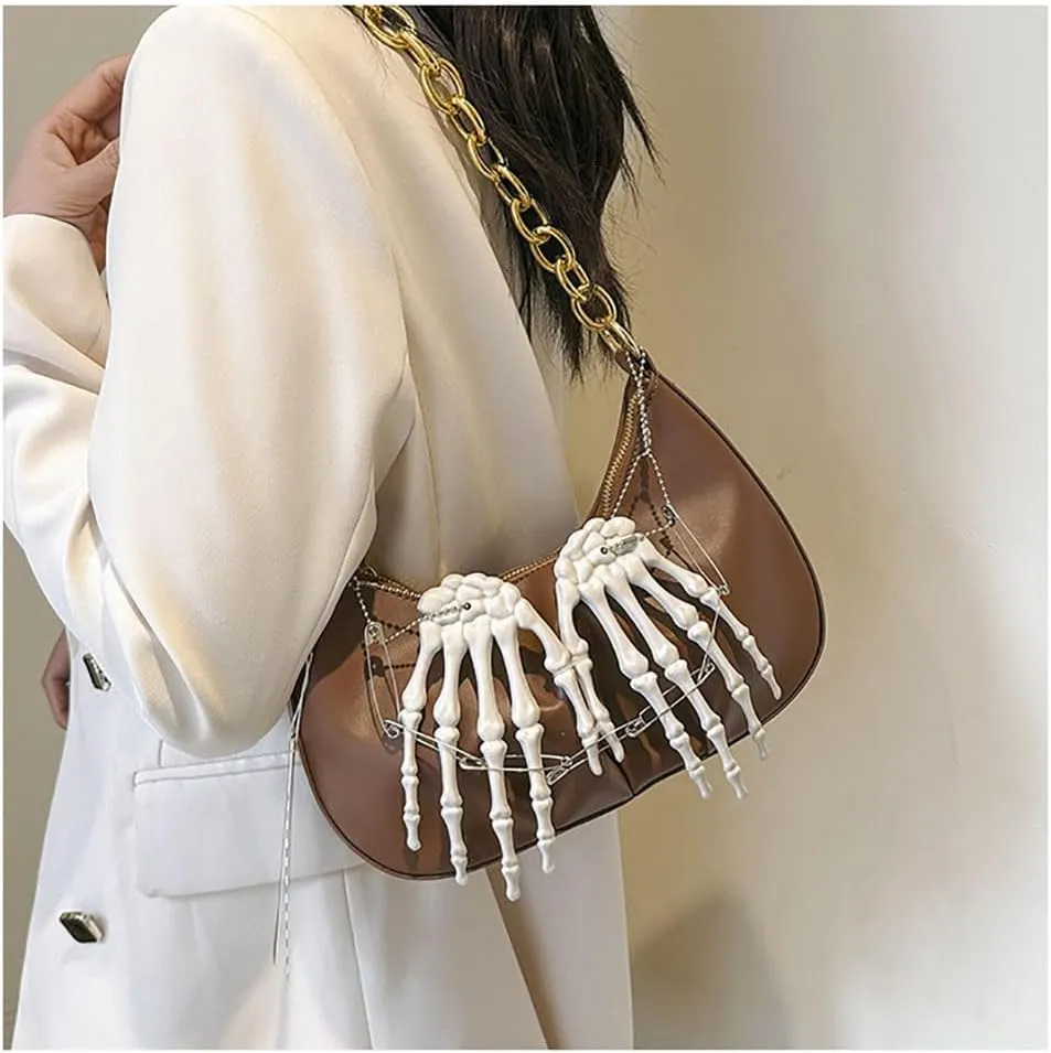 Punk Crossbody Bag for Women Y2k Goth Skeleton Claw PU Leather Shoulder Bag