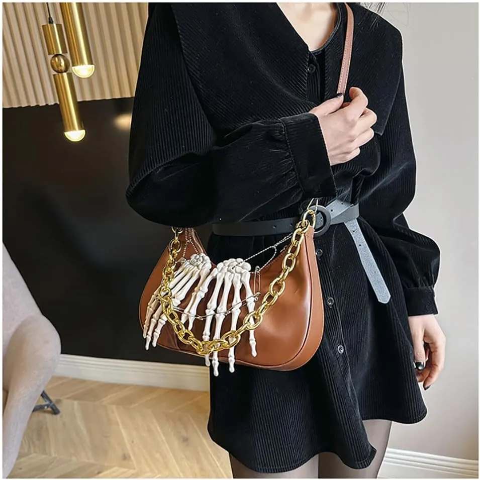Punk Crossbody Bag for Women Y2k Goth Skeleton Claw PU Leather Shoulder Bag