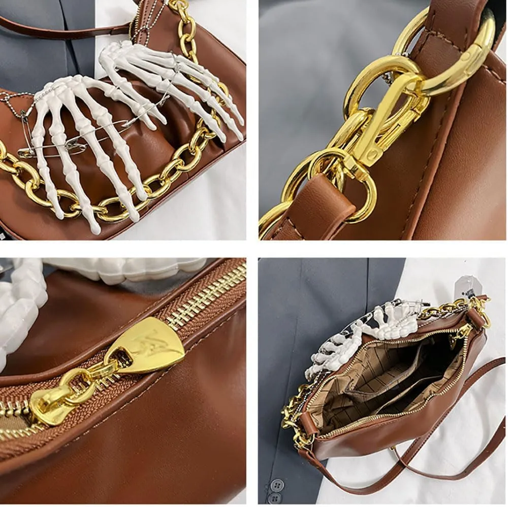 Punk Crossbody Bag for Women Y2k Goth Skeleton Claw PU Leather Shoulder Bag