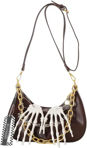 Punk Crossbody Bag for Women Y2k Goth Skeleton Claw PU Leather Shoulder Bag