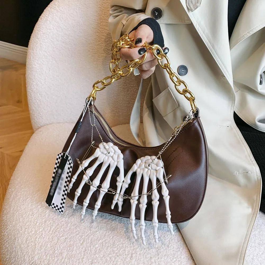 Punk Crossbody Bag for Women Y2k Goth Skeleton Claw PU Leather Shoulder Bag