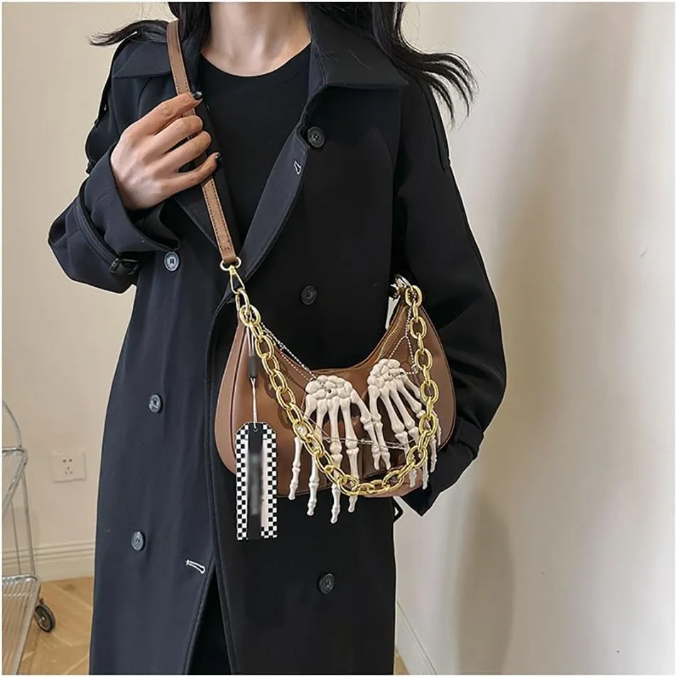 Punk Crossbody Bag for Women Y2k Goth Skeleton Claw PU Leather Shoulder Bag