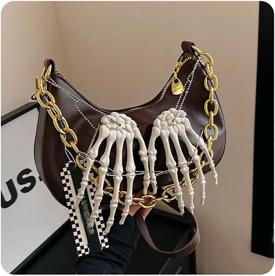 Punk Crossbody Bag for Women Y2k Goth Skeleton Claw PU Leather Shoulder Bag