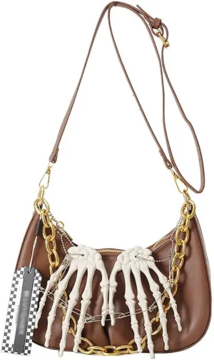 Punk Crossbody Bag for Women Y2k Goth Skeleton Claw PU Leather Shoulder Bag