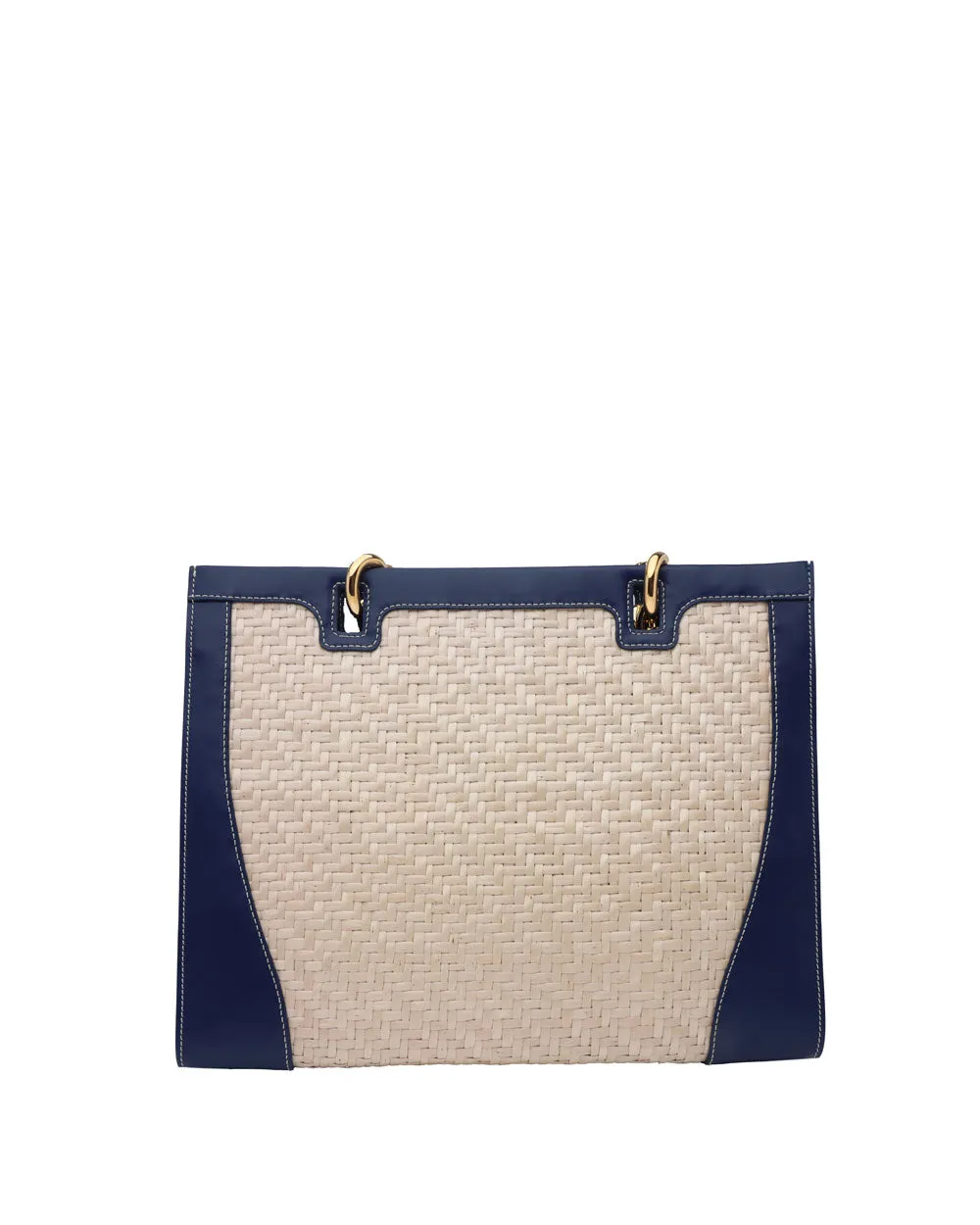Raffia Large Leather Tote in Navy