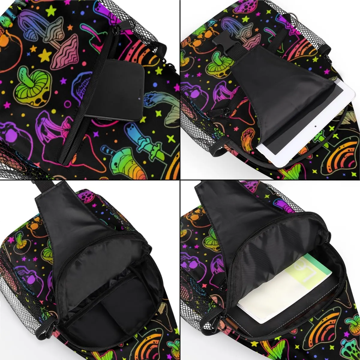 Rainbow Skull Mushroom Crossbody Sling Backpack Sling Bag Halloween Small Chest Bag for Women Men Outdoor Shoulder Bag Travel Hiking Daypack for Sports Running Cycling Walking