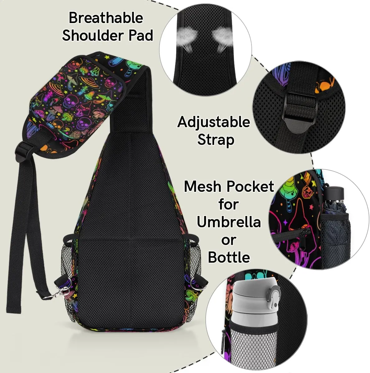 Rainbow Skull Mushroom Crossbody Sling Backpack Sling Bag Halloween Small Chest Bag for Women Men Outdoor Shoulder Bag Travel Hiking Daypack for Sports Running Cycling Walking