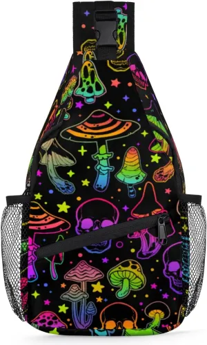Rainbow Skull Mushroom Crossbody Sling Backpack Sling Bag Halloween Small Chest Bag for Women Men Outdoor Shoulder Bag Travel Hiking Daypack for Sports Running Cycling Walking