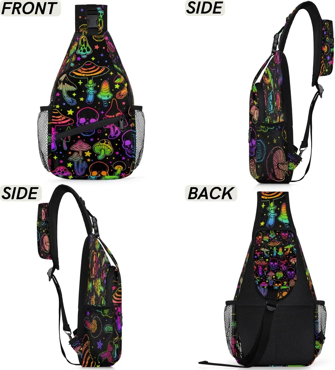 Rainbow Skull Mushroom Crossbody Sling Backpack Sling Bag Halloween Small Chest Bag for Women Men Outdoor Shoulder Bag Travel Hiking Daypack for Sports Running Cycling Walking