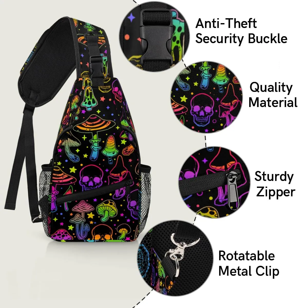 Rainbow Skull Mushroom Crossbody Sling Backpack Sling Bag Halloween Small Chest Bag for Women Men Outdoor Shoulder Bag Travel Hiking Daypack for Sports Running Cycling Walking