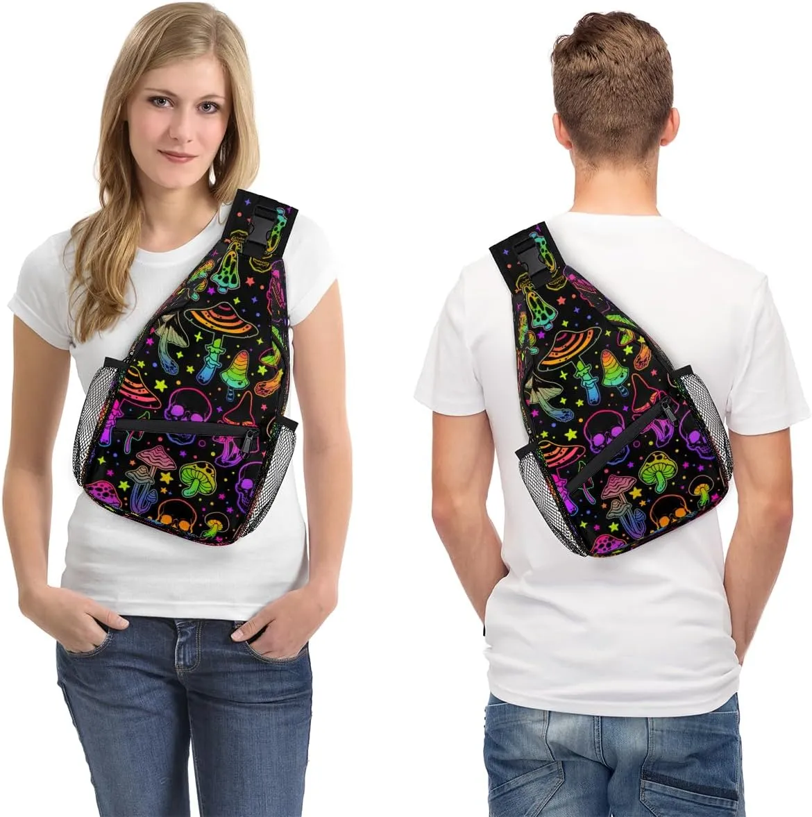 Rainbow Skull Mushroom Crossbody Sling Backpack Sling Bag Halloween Small Chest Bag for Women Men Outdoor Shoulder Bag Travel Hiking Daypack for Sports Running Cycling Walking