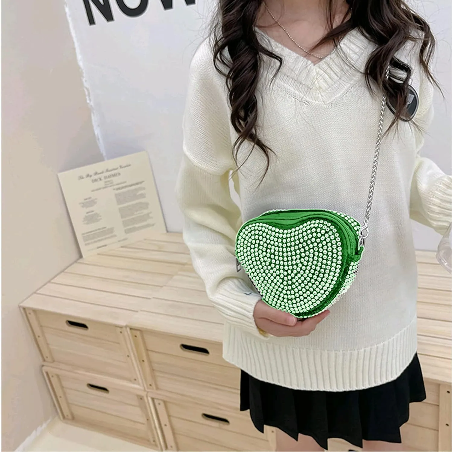 RARITYUS Cute Heart Shaped Purse Bling Rhinestone Crossbody for Women Girls Wallet Shoulder Bag with Chain Strap