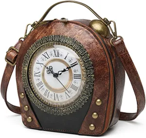 Real Working Clock Handbags Purse Antique Steampunk Shoulder Bag PU Messenger Bag