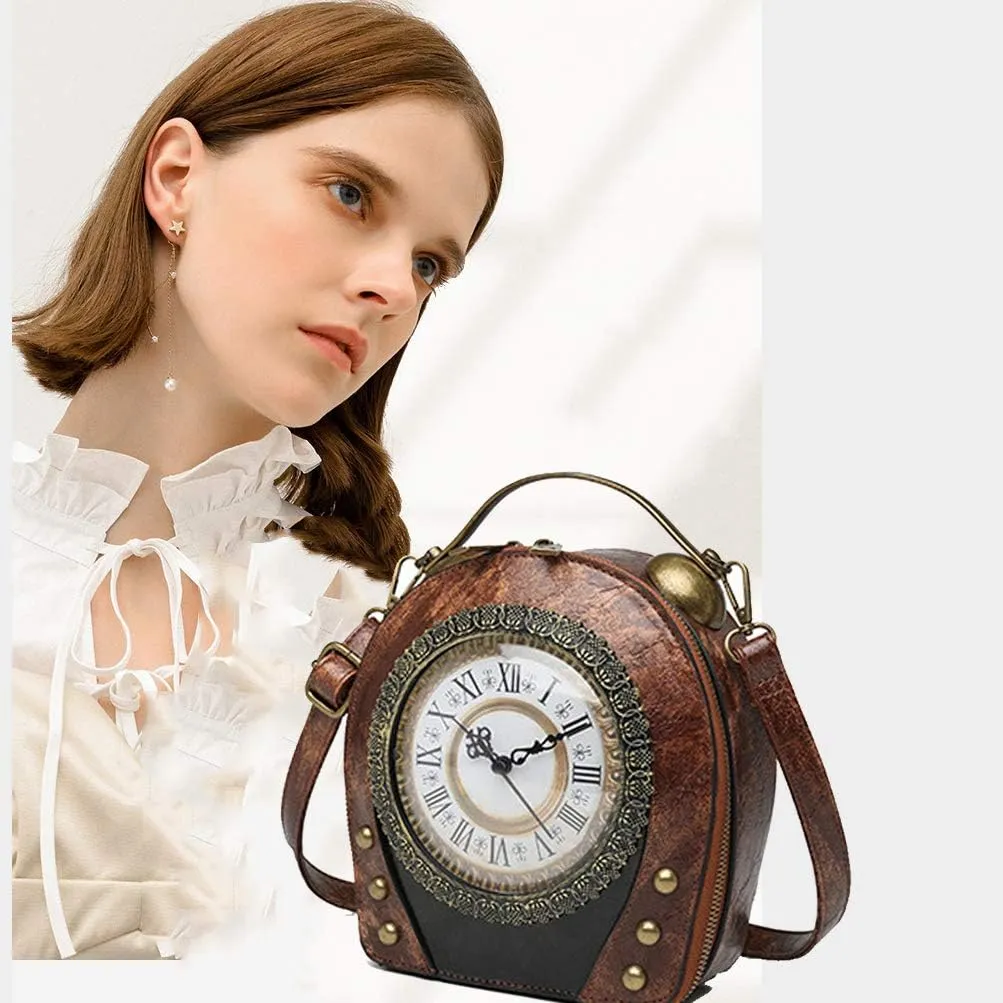 Real Working Clock Handbags Purse Antique Steampunk Shoulder Bag PU Messenger Bag