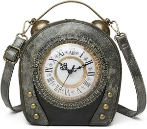 Real Working Clock Handbags Purse Antique Steampunk Shoulder Bag PU Messenger Bag