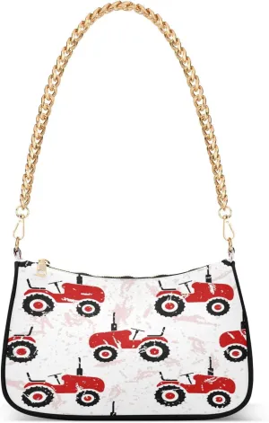 Red Old Wheeled Tractors Womens Shoulder Bag for Women Girls Hobo Tote Handbag Gold Chain Crossbody Bag with Zipper Clutch Purse Handbags
