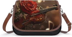 Red Rose And Violin Music Art Crossbody Bags for Women PU Leather Tote Bag Purse Shoulder Bag for Travel Office
