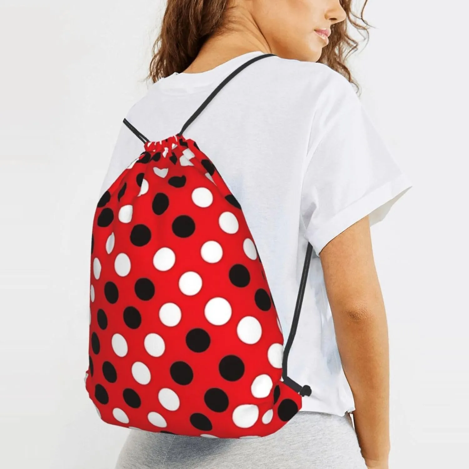 Red White Polka Dot Drawstring Cinch Backpack Polyester Sack Pack String Bag For Hiking Camping Adventure