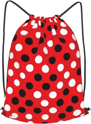 Red White Polka Dot Drawstring Cinch Backpack Polyester Sack Pack String Bag For Hiking Camping Adventure