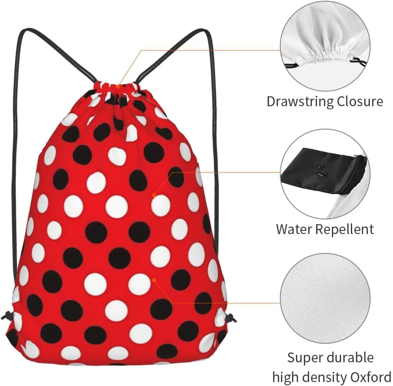 Red White Polka Dot Drawstring Cinch Backpack Polyester Sack Pack String Bag For Hiking Camping Adventure