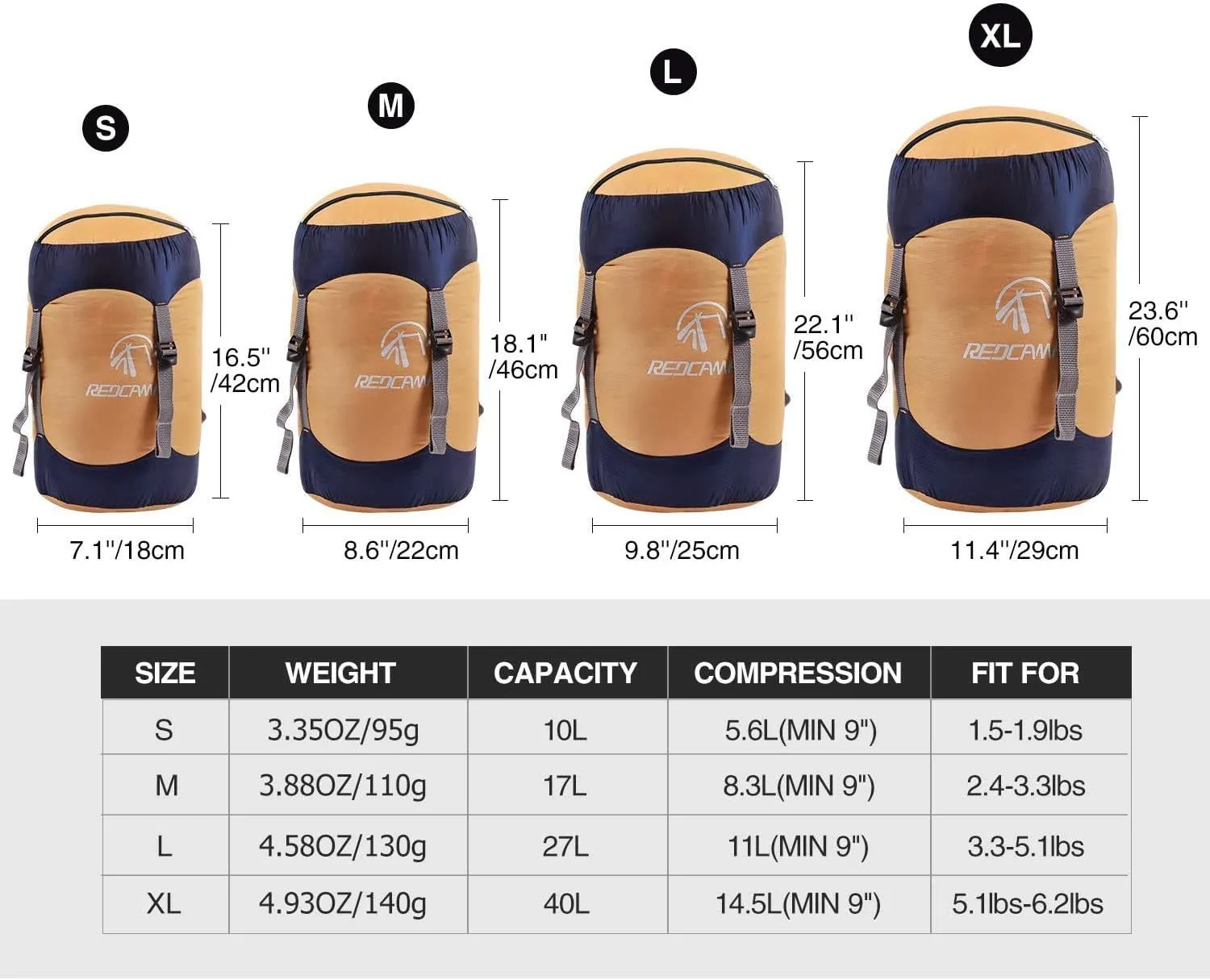 REDCAMP Nylon Compression Stuff Sack, 10L/17L/27L/40L Lightweight Sleeping Bag Compression Sack Great for Backpacking, Hiking and Camping,Blue/Yellow/Army Green/Black