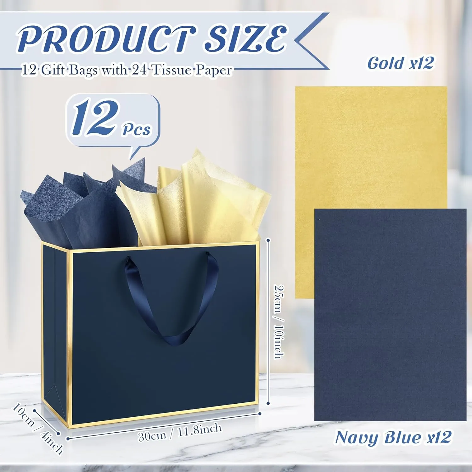 ReliThick 12 Pack Metallic Paper Gift Bag with Handles and Tissue Paper 11.8 x 10 x 4'' Thank You Favor Bag for Wedding Bridesmaid Graduation Groomsmen 5 Senses Birthday Gifts(Navy Blue, Gold)