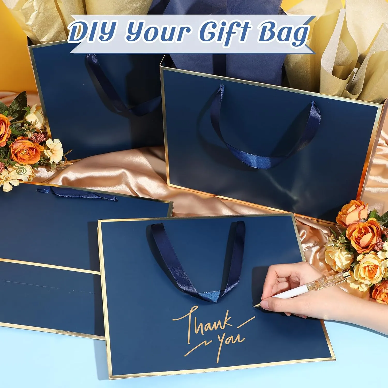 ReliThick 12 Pack Metallic Paper Gift Bag with Handles and Tissue Paper 11.8 x 10 x 4'' Thank You Favor Bag for Wedding Bridesmaid Graduation Groomsmen 5 Senses Birthday Gifts(Navy Blue, Gold)