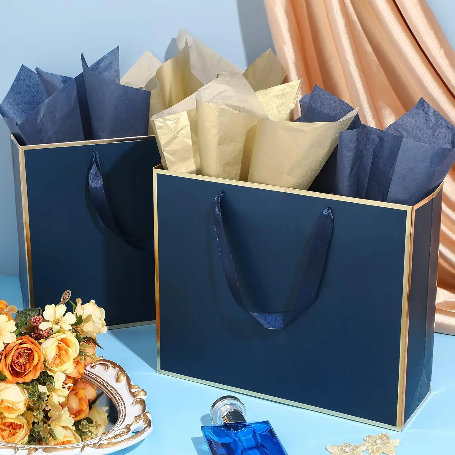ReliThick 12 Pack Metallic Paper Gift Bag with Handles and Tissue Paper 11.8 x 10 x 4'' Thank You Favor Bag for Wedding Bridesmaid Graduation Groomsmen 5 Senses Birthday Gifts(Navy Blue, Gold)