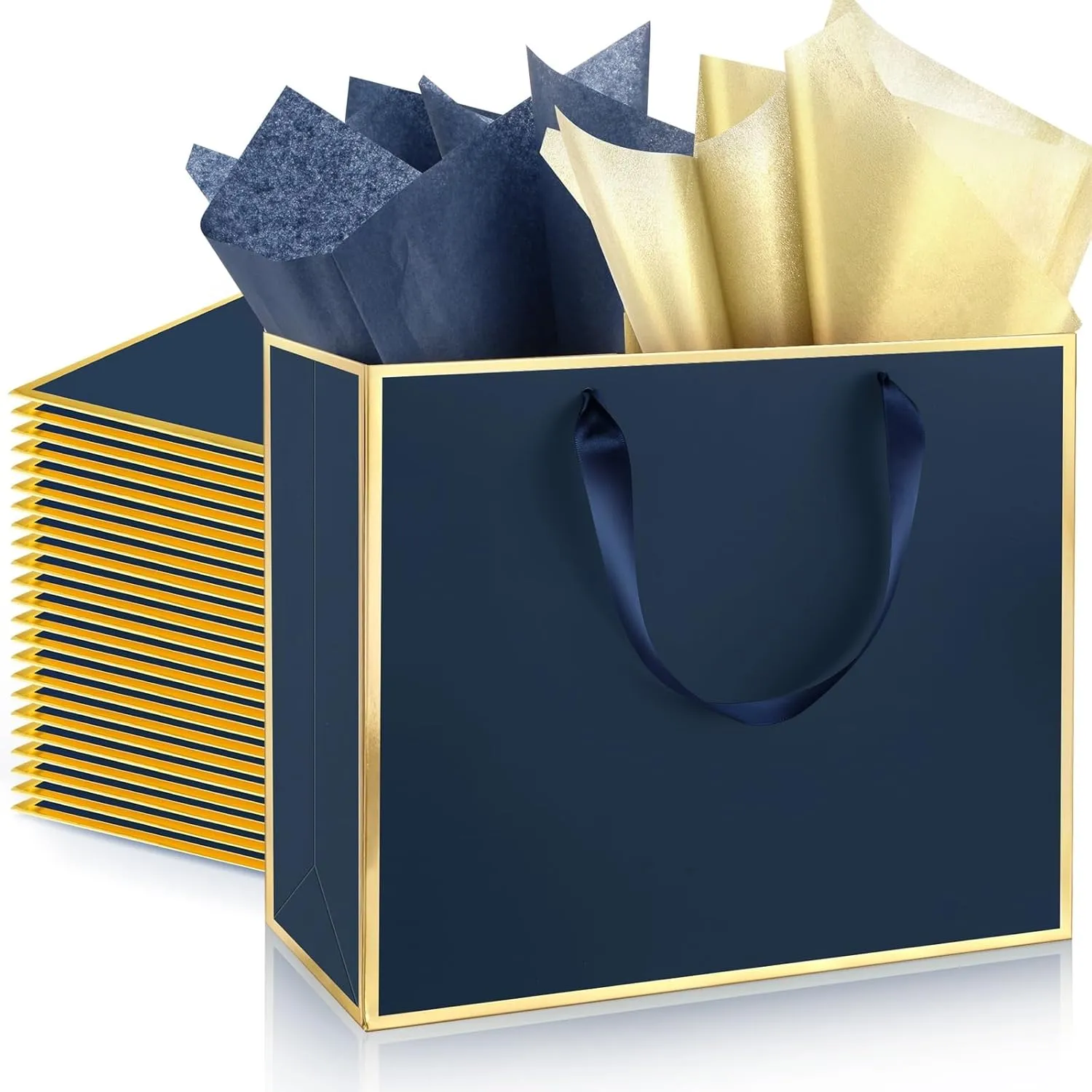 ReliThick 12 Pack Metallic Paper Gift Bag with Handles and Tissue Paper 11.8 x 10 x 4'' Thank You Favor Bag for Wedding Bridesmaid Graduation Groomsmen 5 Senses Birthday Gifts(Navy Blue, Gold)