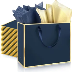 ReliThick 12 Pack Metallic Paper Gift Bag with Handles and Tissue Paper 11.8 x 10 x 4'' Thank You Favor Bag for Wedding Bridesmaid Graduation Groomsmen 5 Senses Birthday Gifts(Navy Blue, Gold)