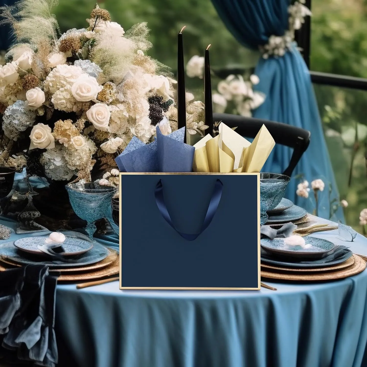 ReliThick 12 Pack Metallic Paper Gift Bag with Handles and Tissue Paper 11.8 x 10 x 4'' Thank You Favor Bag for Wedding Bridesmaid Graduation Groomsmen 5 Senses Birthday Gifts(Navy Blue, Gold)