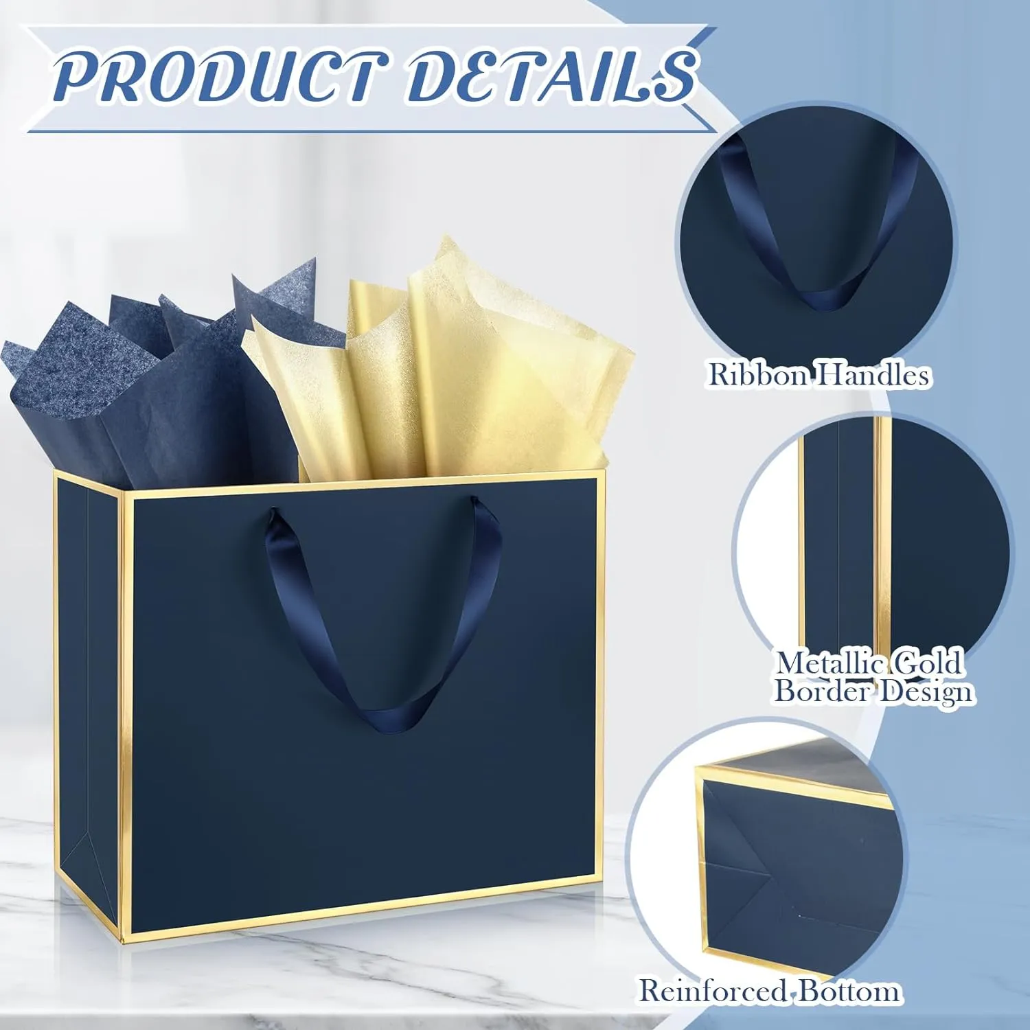 ReliThick 12 Pack Metallic Paper Gift Bag with Handles and Tissue Paper 11.8 x 10 x 4'' Thank You Favor Bag for Wedding Bridesmaid Graduation Groomsmen 5 Senses Birthday Gifts(Navy Blue, Gold)
