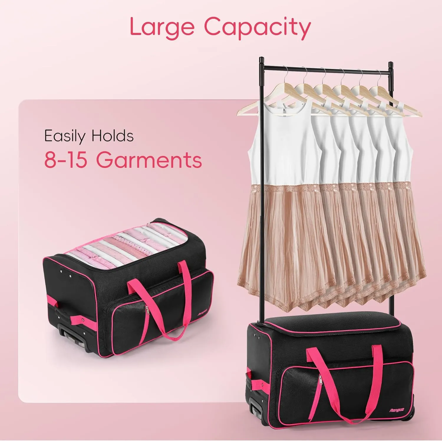 Rengue 23" Dance Duffle Bag with Garment Rack, Rolling Garment Bags for Travel, Wheeled Upright Luggage Closet Suitcase in Black Pink