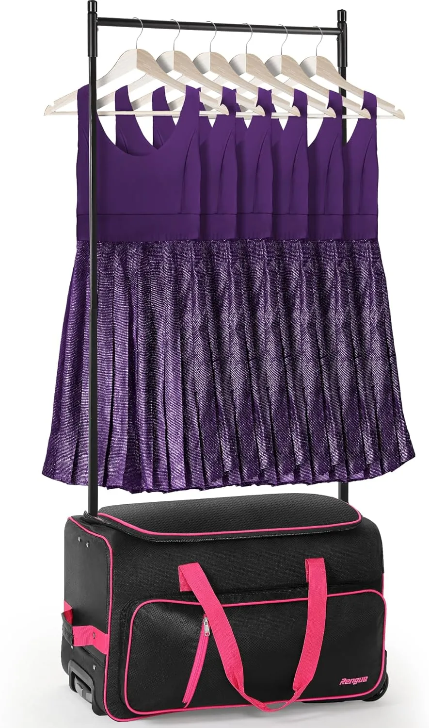 Rengue 23" Dance Duffle Bag with Garment Rack, Rolling Garment Bags for Travel, Wheeled Upright Luggage Closet Suitcase in Black Pink
