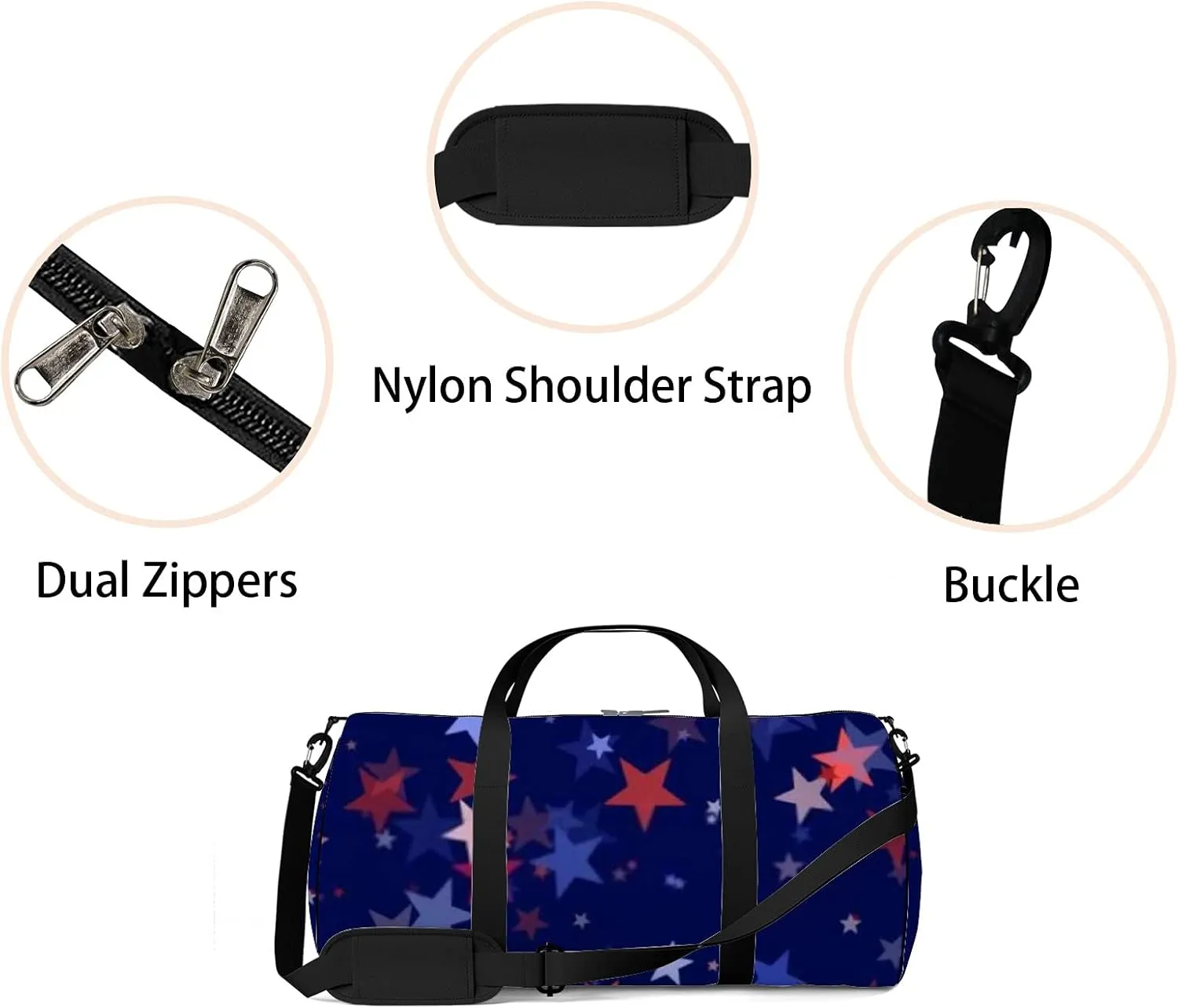 Retro Navy Blue and Red Stars Pattern Sports Bag Tote Bag Waterproof Gym Bag with Shoulder Strap Zipper 2 Side Pockets for Men and Women, Travel and Storage Shoulder Bag.