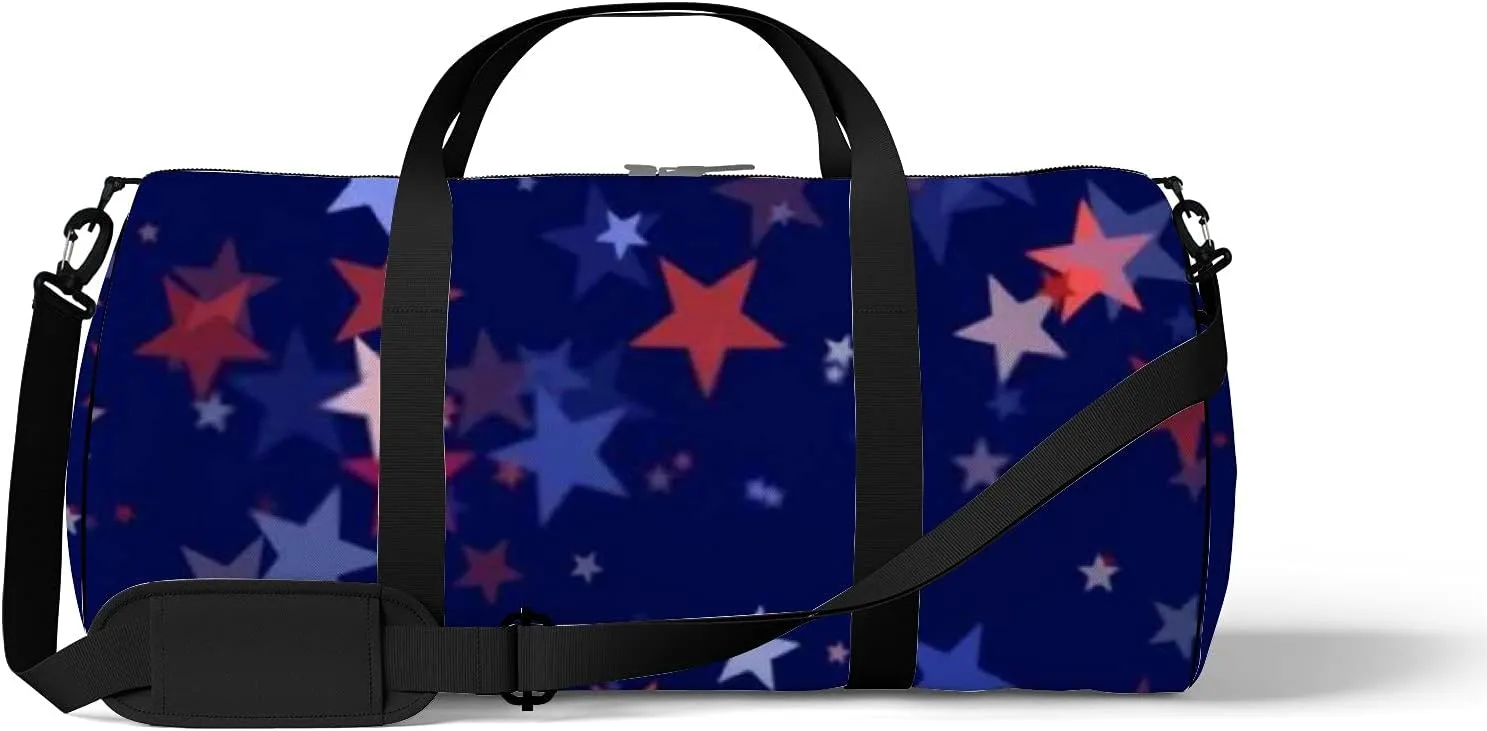 Retro Navy Blue and Red Stars Pattern Sports Bag Tote Bag Waterproof Gym Bag with Shoulder Strap Zipper 2 Side Pockets for Men and Women, Travel and Storage Shoulder Bag.