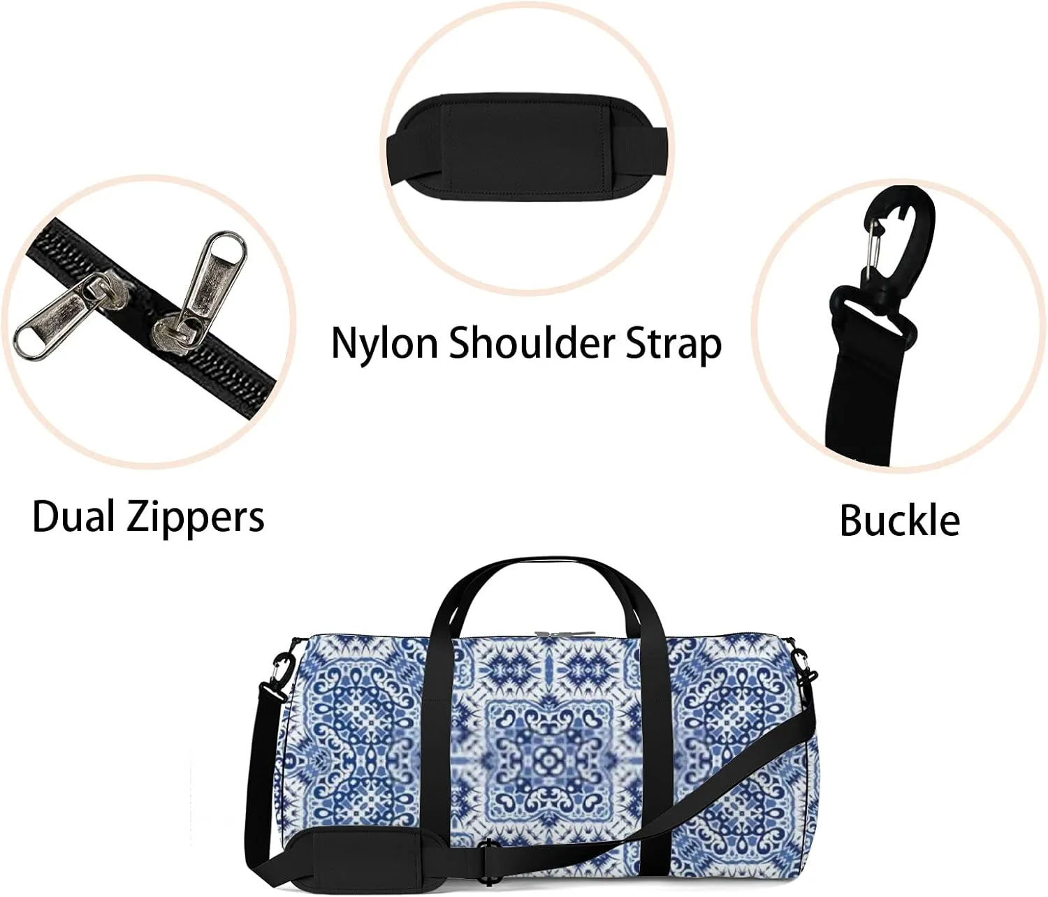 Retro Navy Blue Fashionable Pattern Sports Bag Tote Bag Waterproof Gym Bag with Shoulder Strap Zipper 2 Side Pockets for Men and Women, Travel and Storage Shoulder Bag.