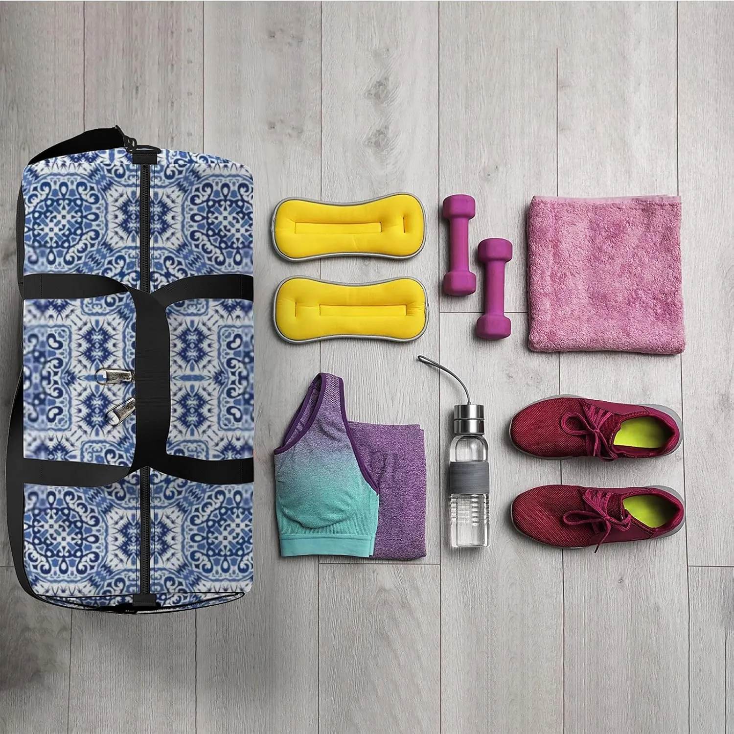 Retro Navy Blue Fashionable Pattern Sports Bag Tote Bag Waterproof Gym Bag with Shoulder Strap Zipper 2 Side Pockets for Men and Women, Travel and Storage Shoulder Bag.