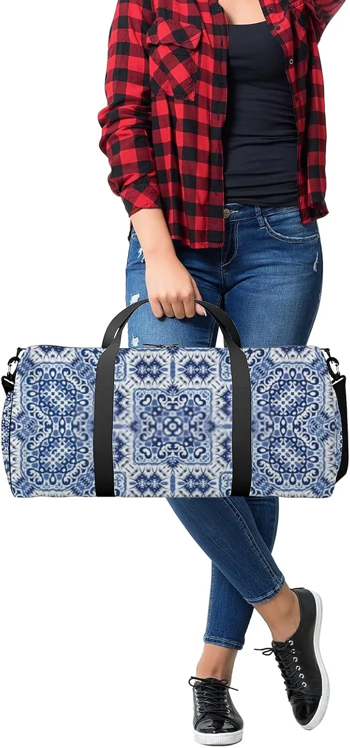 Retro Navy Blue Fashionable Pattern Sports Bag Tote Bag Waterproof Gym Bag with Shoulder Strap Zipper 2 Side Pockets for Men and Women, Travel and Storage Shoulder Bag.