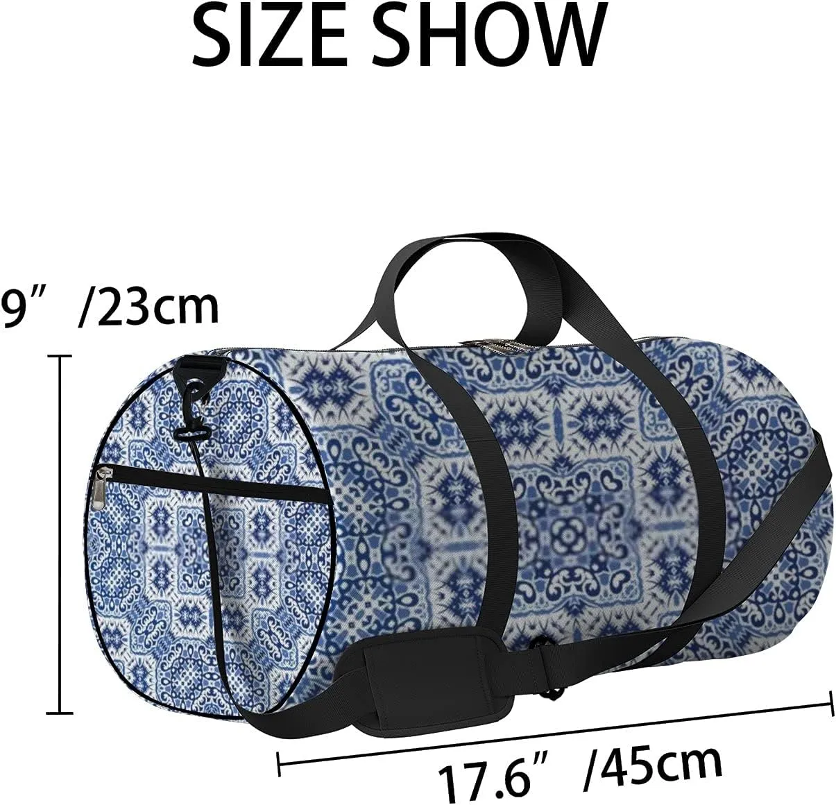 Retro Navy Blue Fashionable Pattern Sports Bag Tote Bag Waterproof Gym Bag with Shoulder Strap Zipper 2 Side Pockets for Men and Women, Travel and Storage Shoulder Bag.