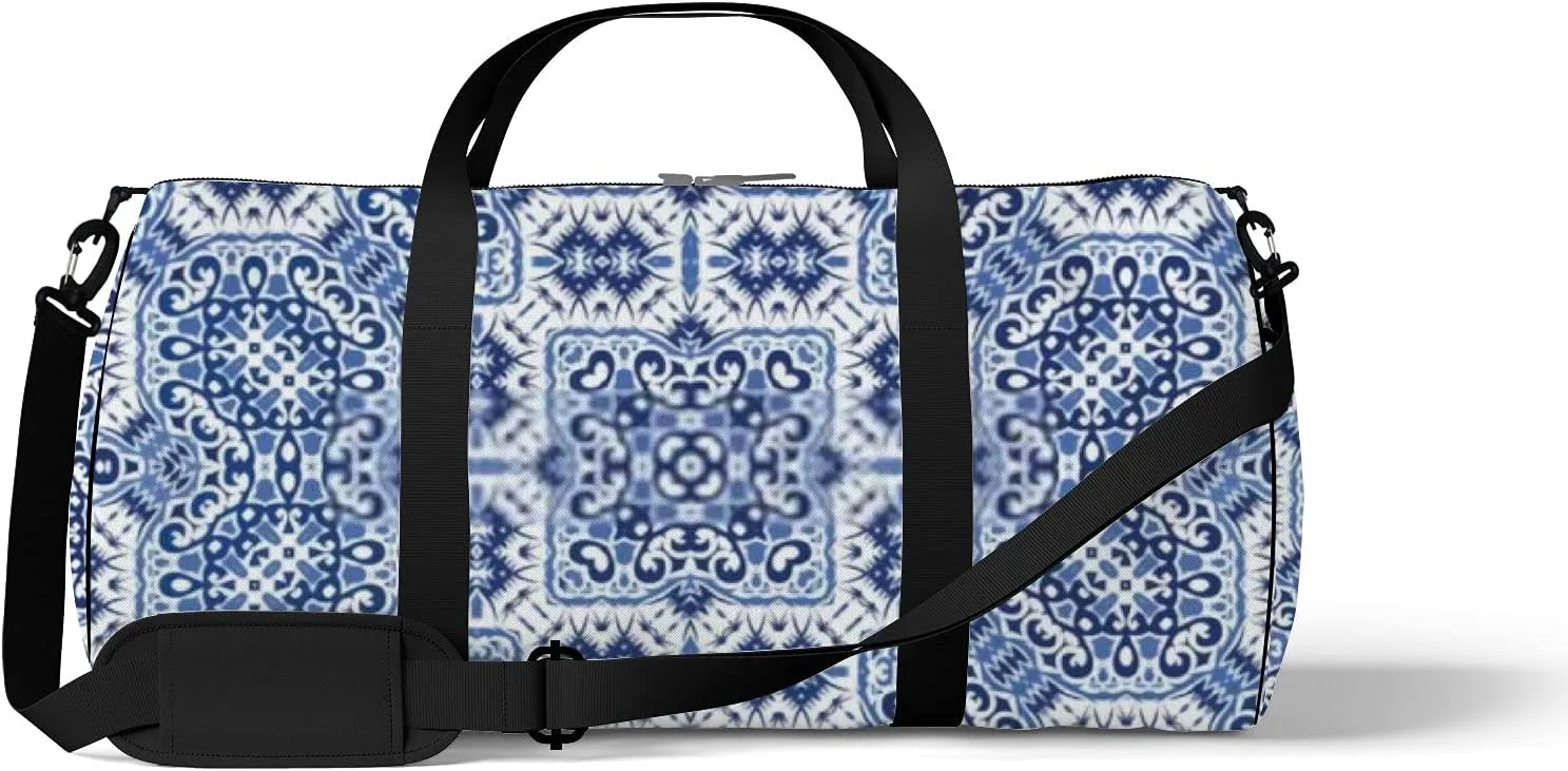 Retro Navy Blue Fashionable Pattern Sports Bag Tote Bag Waterproof Gym Bag with Shoulder Strap Zipper 2 Side Pockets for Men and Women, Travel and Storage Shoulder Bag.