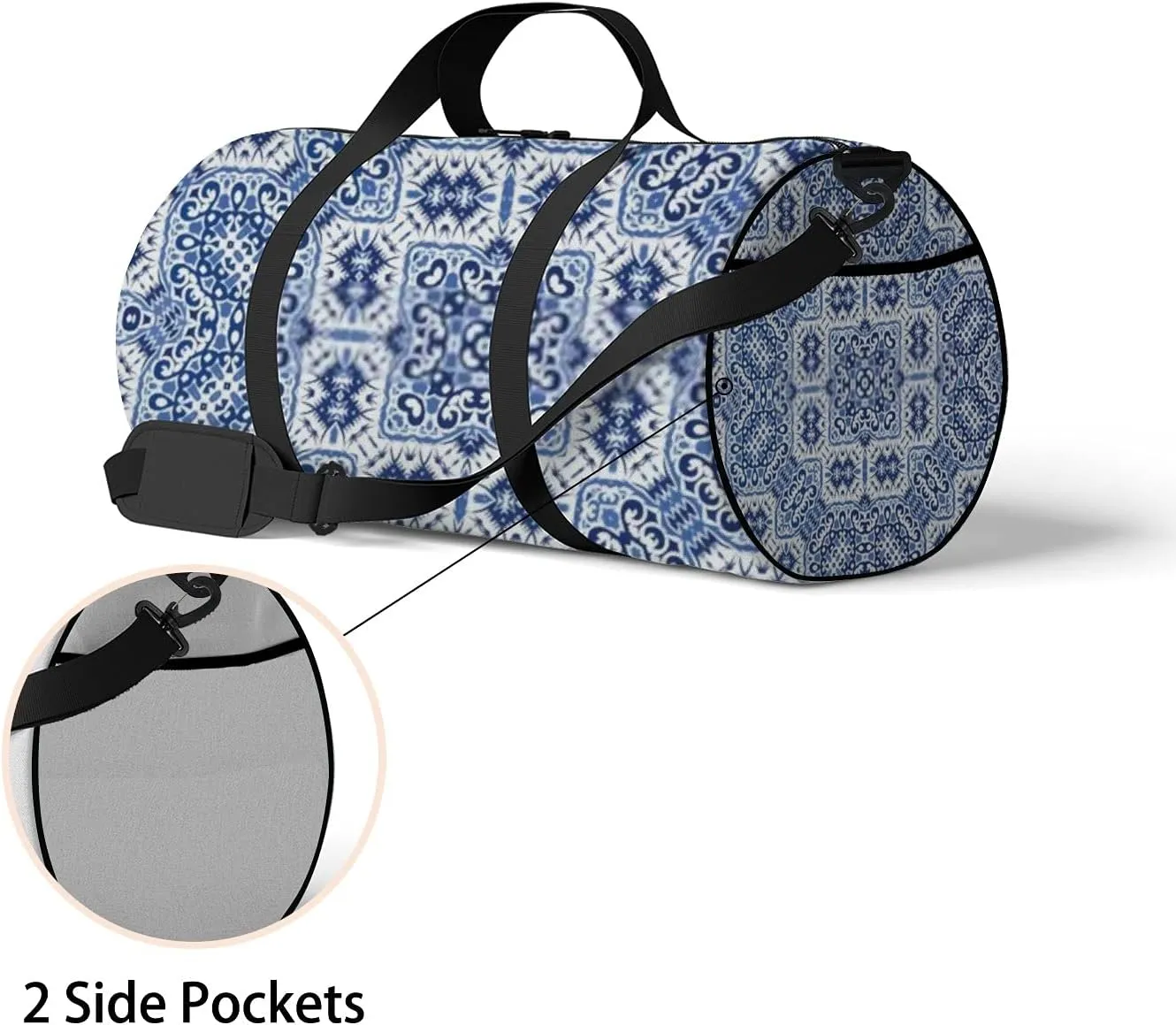Retro Navy Blue Fashionable Pattern Sports Bag Tote Bag Waterproof Gym Bag with Shoulder Strap Zipper 2 Side Pockets for Men and Women, Travel and Storage Shoulder Bag.