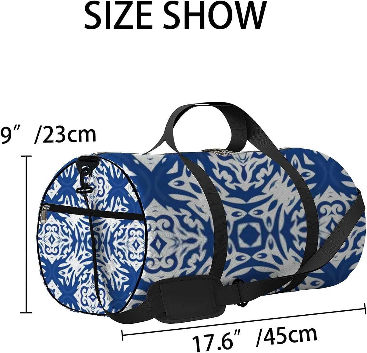 Retro Navy Blue Folk Ethnic For Print Sports Bag Tote Bag Waterproof Gym Bag with Shoulder Strap Zipper 2 Side Pockets for Men and Women, Travel and Storage Shoulder Bag.