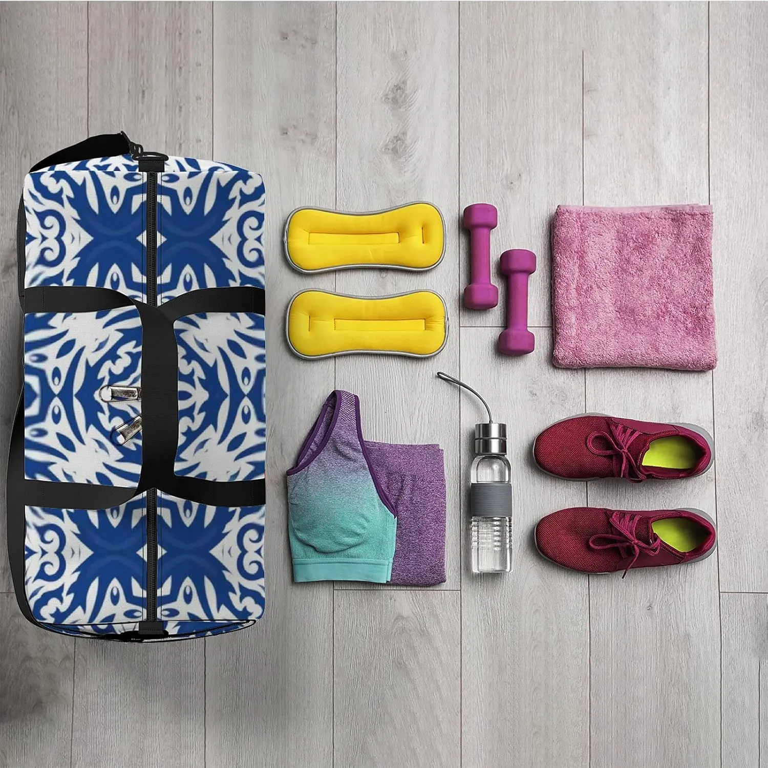 Retro Navy Blue Folk Ethnic For Print Sports Bag Tote Bag Waterproof Gym Bag with Shoulder Strap Zipper 2 Side Pockets for Men and Women, Travel and Storage Shoulder Bag.